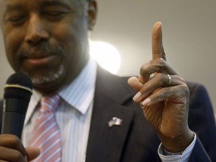 Republican presidential candidate Dr. Ben Carson gestures while speaking during a town hal