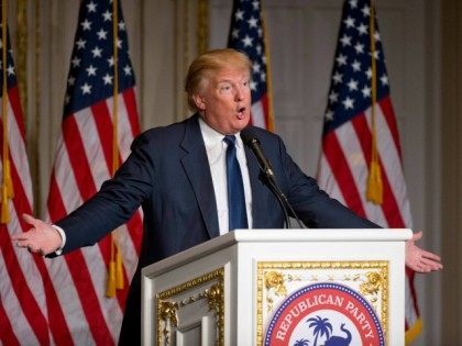 Republican presidential candidate Donald Trump speaks during the Palm Beach County GOP Lin