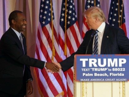 Former Republican presidential candidate Ben Carson shakes hands with Republican presidential candidate Donald Trump, after announcing he will endorse Trump during a news conference at the Mar-A-Lago Club, Friday, March 11, 2016, in Palm Beach, Fla.