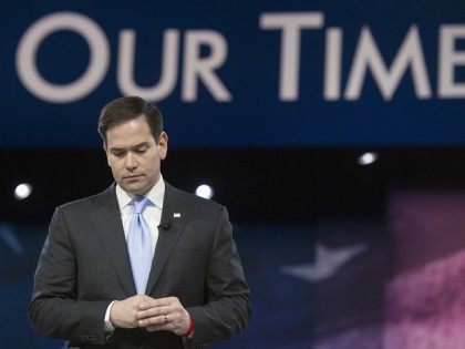 Republican presidential candidate, Sen. Marco Rubio, R-Fla. pauses while addressing the Am