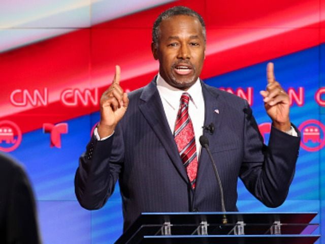 Ben Carson speaks during the Republican presidential debate at the Moores School of Music