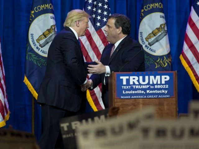 New Jersey Gov. Chris Christie greets Republican presidential candidate Donald Trump March
