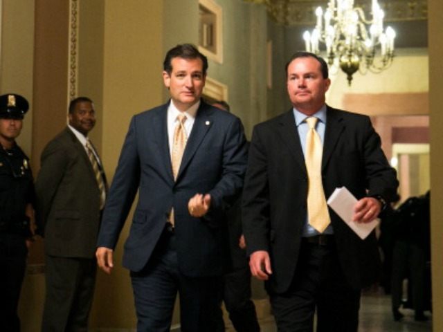 Sen. Ted Cruz (R-TX) and Sen. Mike Lee (R-UT) walk together after a Senate joint caucus meeting, on Capitol Hill, July 15, 2013 in Washington, DC.