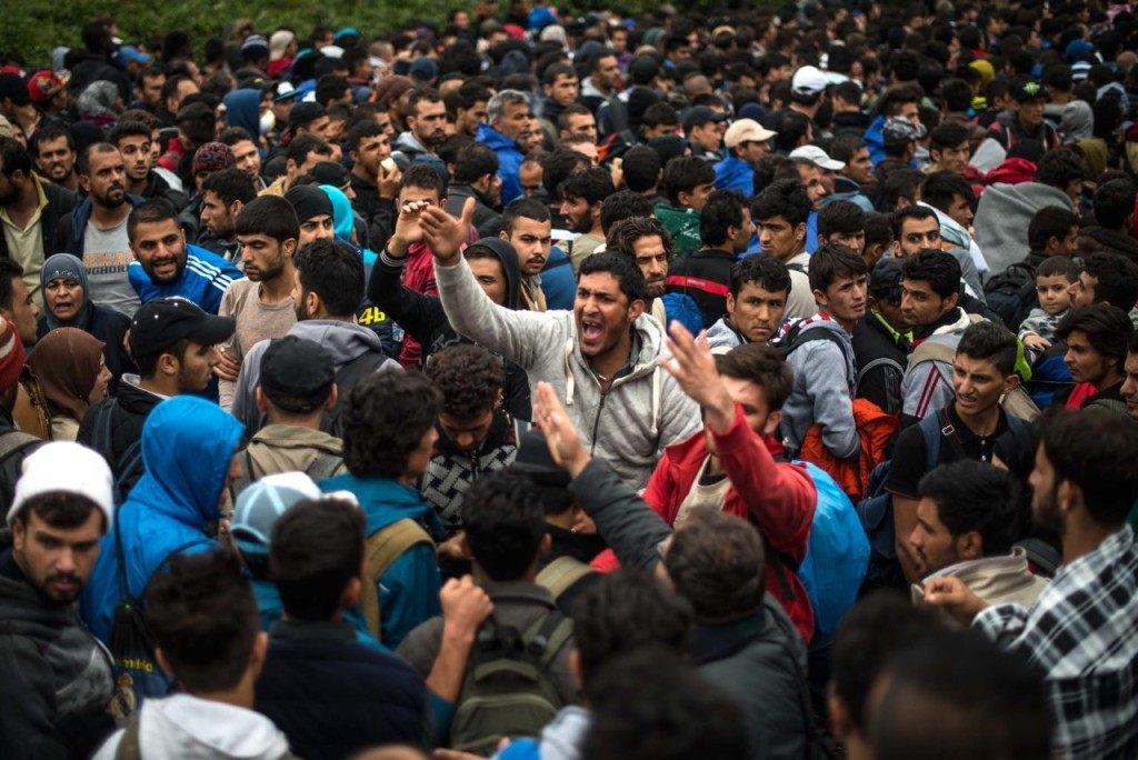Migrants try to organise the queue as they wait to cross into Croatia through the Serbian border on September 25, 2015 