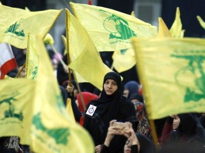 Supporters wave the flag of Lebanon's Shiite movement Hezbollah as they watch the mov