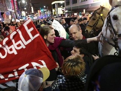 A protester pushes a police horse outside a rally for Republican presidential candidate Do