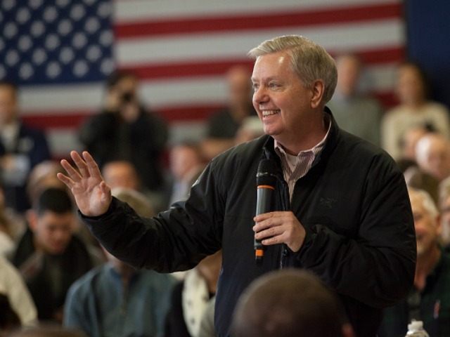 Lindsey Graham (R-SC) campaigns for Jeb Bush February 6, 2016 in Bedford, New Hampshire.