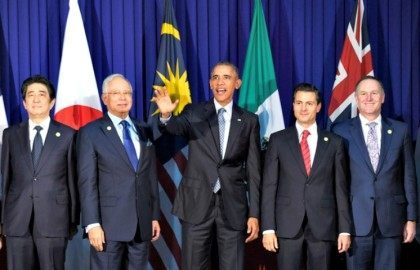 President Barack Obama and other leaders of the Trans-Pacific Partnership countries pose f