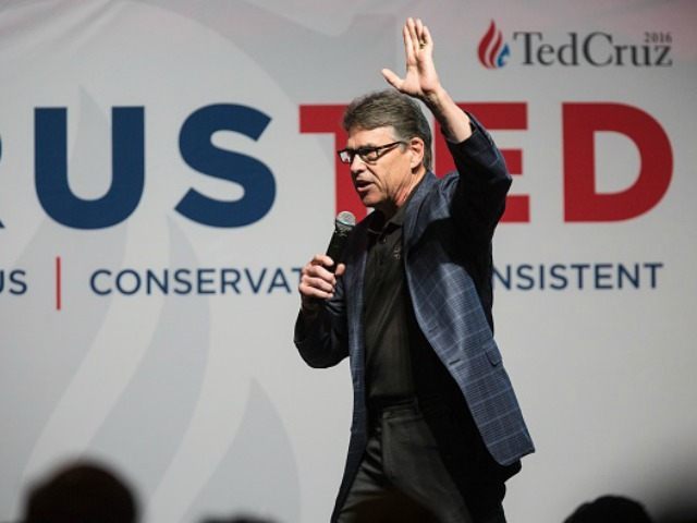 Rick Perry, former governor of Texas, speaks at a presidential campaign rally for Ted Cruz