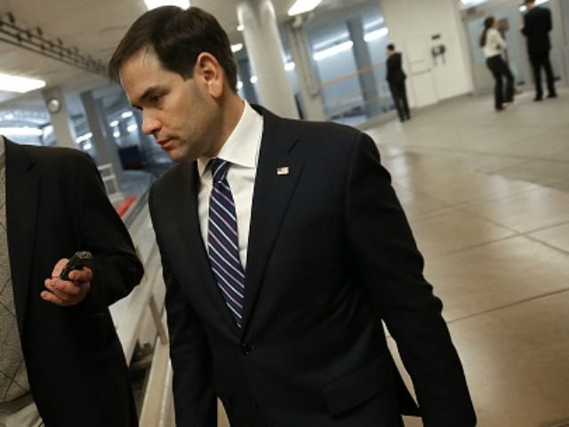 Sen. Marco Rubio (R) (R-FL) talks with a reporter as he makes his way to the Senate floor