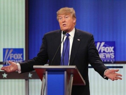 Republican presidential candidate Donald Trump participates in a debate sponsored by Fox News at the Fox Theatre on March 3, 2016 in Detroit, Michigan.