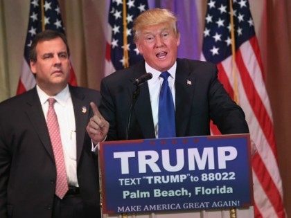Republican Presidential frontrunner Donald Trump speaks to the media at his Mar-A-Lago Club on Super Tuesday, March 1, 2016 in Palm Beach, Florida. Trump held the press conference, flanked by New Jersey Governor Chris Christie, after the polls closed in a dozen states nationwide. (Photo by