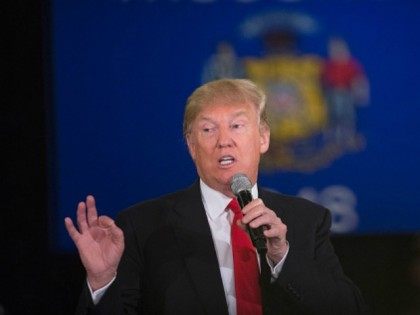 Republican presidential candidate Donald Trump speaks to guests during a campaign rally at