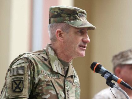 New Commander of Resolute Support forces and United States forces in Afghanistan, U.S. Army General John Nicholson, speaks during a change of command ceremony in Resolute Support headquarters in Kabul, Afghanistan, Wednesday, March 2, 2016. (AP Photo/Rahmat Gul)