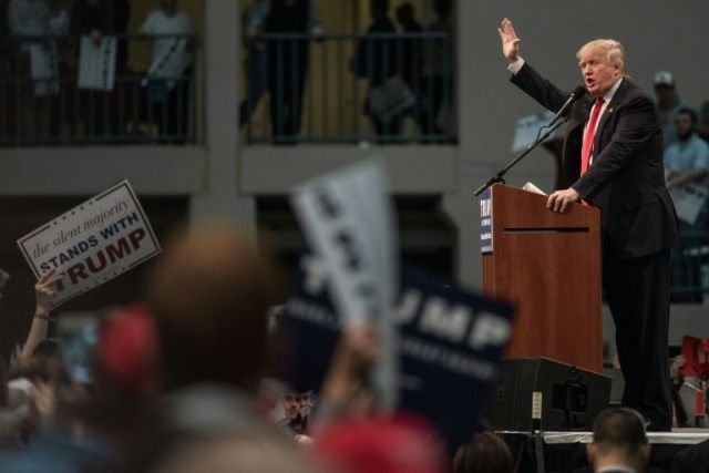 Republican presidential candidate Donald Trump addresses the crowd at a campaign rally Mar