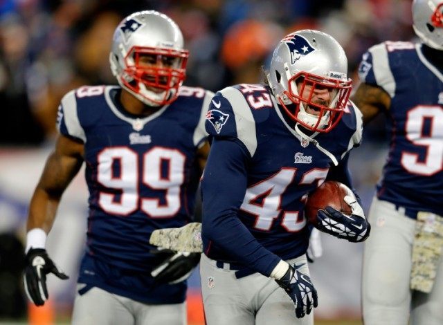 Defensive back Nate Ebner (R) of the New England Patriots, in action on November 24, 2013,