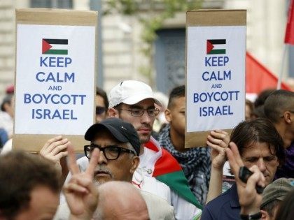 A Pro-Palestinian demonstrator carries placards reading 'Keep calm and boycott Israel' on the Republique square in Paris, ahead of a banned demonstration against Israel's military operation in Gaza and in support of the Palestinian people, on July 26, 2014