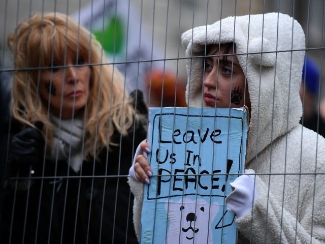Climate change demonstrators march to demand curbs to carbon pollution in London on November 29, 2015 on the eve of the climate summit in Paris.