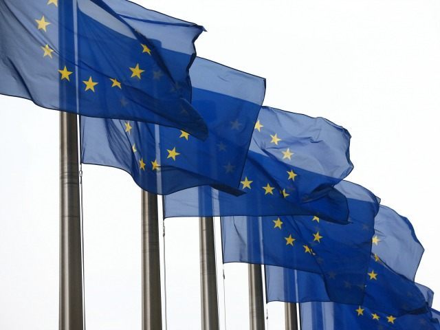 European Union flags are pictured outside the European Commission building on October 24, 2014 in Brussels, Belgium.