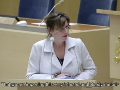 Swedish Minister for International Development Cooperation Isabella Lövin speaking in parliament at a debate about Stockholm’s assistance to Ramallah, March 4, 2016