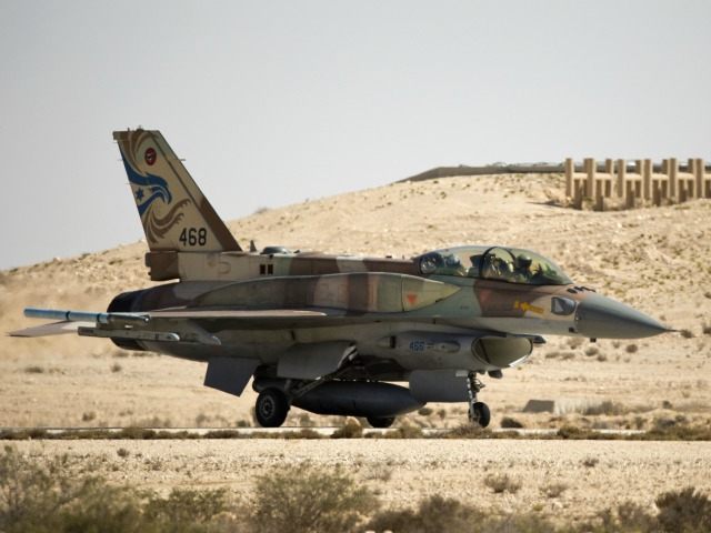 An Israeli F-16I jet is seen after landing during a display for foreign media at the Ramon