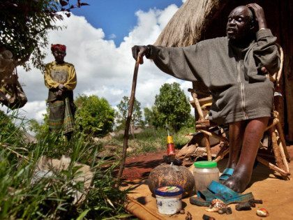 Kenyan witch-doctor John Dimo, who claims to be 105 years old, interprets the result after throwing shells, bones, and other magic items to predict the outcome of the U.S. election, in front of his hut in the village of Kogelo, from where President Barack Obama's late father came from and …