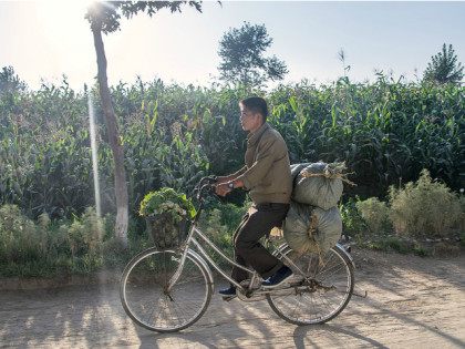 NAMPO, NORTH KOREA - AUGUST 22: A man carries his vegetables with bike on August 21, 2015