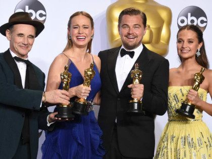 Mark Rylance, winner of the award for best actor in a supporting role for “Bridge of Spies," from left, Brie Larson, winner of the award for best actress in a leading role for “Room”, Leonardo DiCaprio, winner of the award for best actor in a leading role for “The Revenant”, …