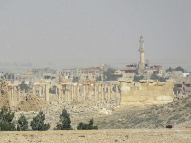 A picture taken on March 25, 2016, shows the ruins of Palmyra during a military operation