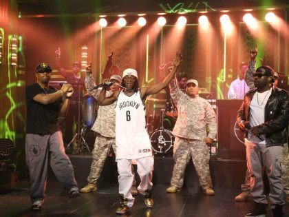 THE TONIGHT SHOW STARRING JIMMY FALLON -- Episode 0125 -- Pictured: (l-r) Chuck D and Flavor Flav of musical guest Public Enemy perform with Tariq 'Black Thought' Trotter of The Roots on September 16, 2014 -- (Photo by: Douglas Gorenstein/NBC/NBCU Photo Bank via Getty Images).