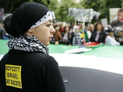 A woman holds a giant palestinian flag during a demonstration in Paris on May 31, 2010 to