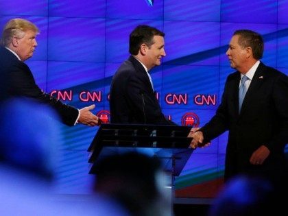 onald Trump (L), Texas Senator Ted Cruz (C) and Ohio Governor John Kasich (R) shake hands