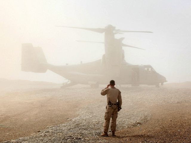 A U.S. Marine watches as an Osprey carrying U.S. Defense Secretary Leon Panetta arrives at