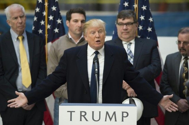 Republican presidential candidate Donald Trump speaks during a press conference at the Tru