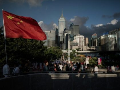 A Chinese national flag is seen outside the city's legislature in Hong Kong