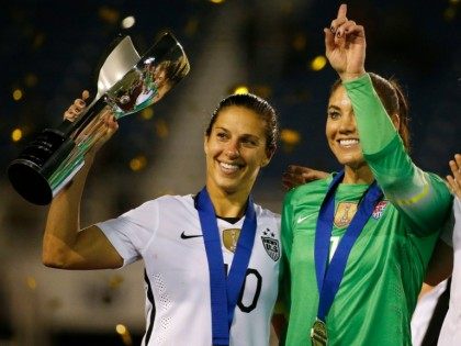 Carli Lloyd (L) and Hope Solo (R) are among the five members of the US National Women's Team who have filed a complaint against the US Soccer Federatopm alleging wage discrimination
