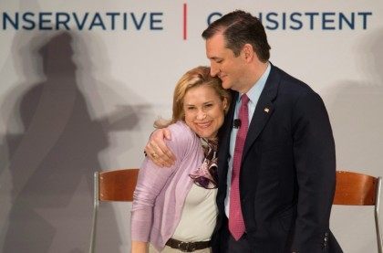 Republican presidential candidate Ted Cruz hugs his wife Heidi during a campaign rally in Charleston, South Carolina on February 19, 2016