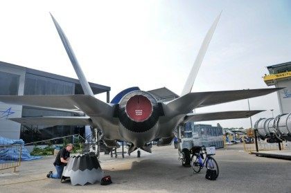 A replica of Lockheed Martin F-35 fighter jet is seen at the exhibition centre ahead of th