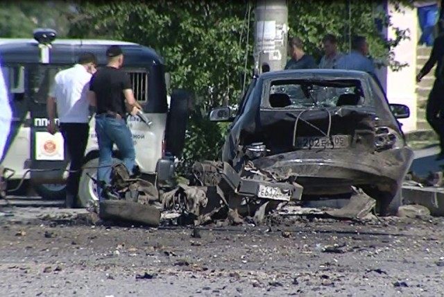A bomb blast site in central Makhachkala, Dagestan, photographed on May 20, 2013