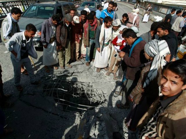 YEMEN, SANAA : Yemenis check the damage following reported air strikes carried out by the Saudi-led coalition in the capital Sanaa on March 23, 2016. Saudi Arabia launched an intervention in Yemen last year after Shiite Huthi rebels seized control of large parts of the country, including the capital Sanaa, …
