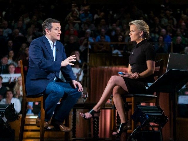 Republican presidential candidate Sen. Ted Cruz, R-Texas, talks with Fox News host Megyn K
