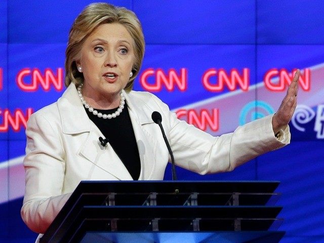 Hillary Clinton speaks during the CNN Democratic Presidential Primary Debate with Sen. Ber