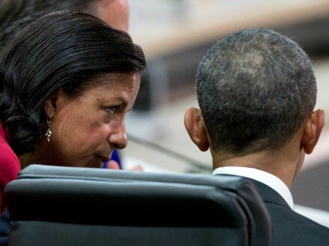 National Security Adviser Susan Rice talks with President Barack Obama before the afternoon plenary session of the Nuclear Security Summit, Friday, April 1, 2016, in Washington.