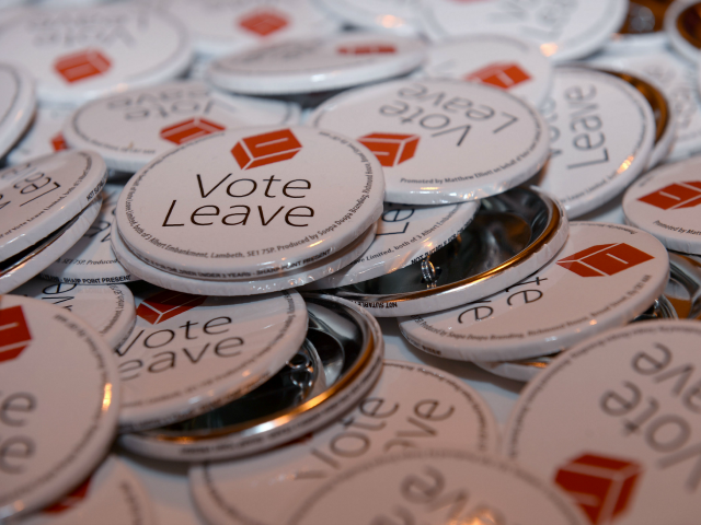 Badges are seen ahead of a rally for the Vote Leave campaign Getty