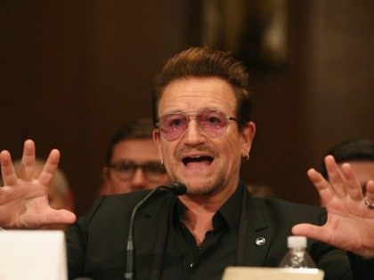 Bono, lead singer of the rock band U2 and co-founder of ONE, a non-profit, non-partisan advocacy organization, testifies during a Senate Appropriations Subcommittee hearing on Capitol Hill, April 12, 2016 in Washington, DC.
