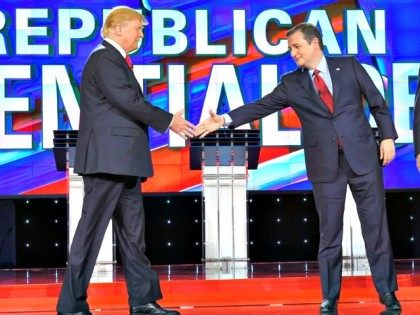 Donald Trump, left, and Ted Cruz shakes hands at the start of the CNN Republican presidential debate at the Venetian Hotel & Casino on Tuesday, Dec. 15, 2015, in Las Vegas. (AP Photo/Mark J. Terrill)