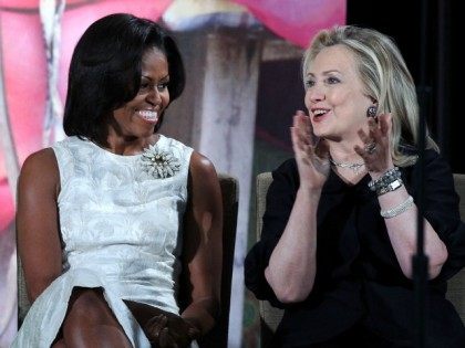 First lady Michelle Obama (L) listens to U.S. Secretary of State Hillary Clinton during th