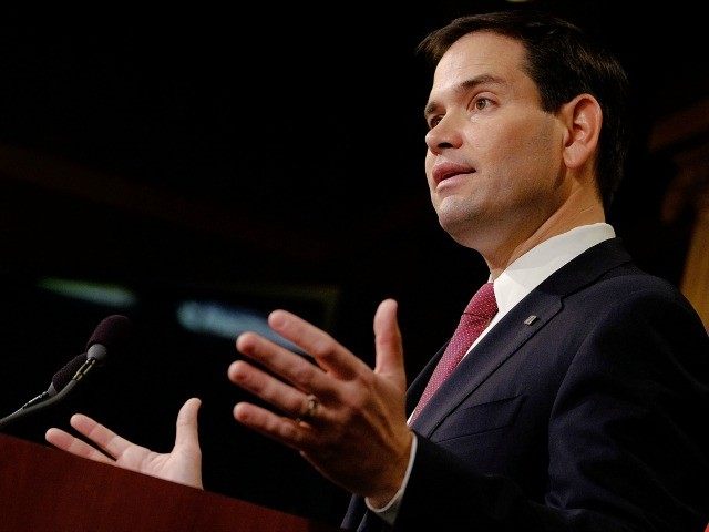 Sen. Marco Rubio (R-FL) reacts to U.S. President Barack Obama's announcement about revising policies on U.S.-Cuba relations on December 17, 2014 in Washington, DC.