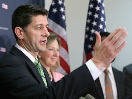 U.S. Speaker of the House Paul Ryan (R-WI) talks to reporters following the weekly House Republican conference at the U.S. Capitol April 13, 2016 in Washington, DC. Ryan and fellow members of Congress talked about writing new legislation to help fight the country-wide increase in the problem of drug and …