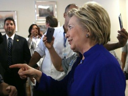 Democratic presidential candidate, former U.S. Secretary of State Hillary Clinton greets workers at St. John's Riverside Hospital on April 17, 2016 in Yonkers, New York.